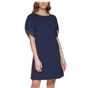 DKNY Women Navy Chiffon Ruffled Sleeve Shift Dress, Size 2